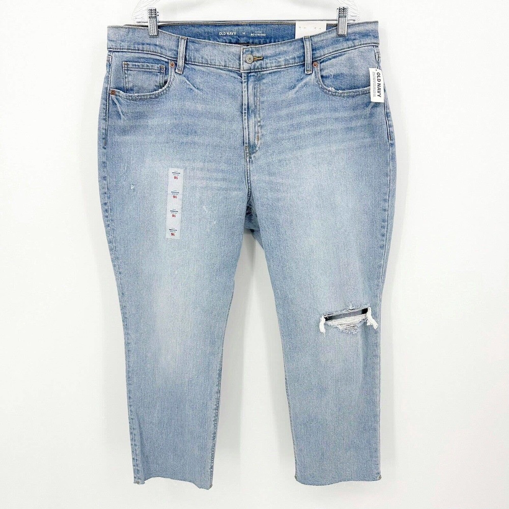 Old Navy Boyfriend Jeans 16 Light Wash Mid Rise Ankle Zip Fly Stretch Destroyed